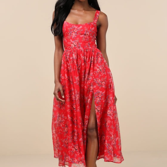 Lulus Francesca Red Floral Sleeveless Midi Dress - Size L - Picture 1 of 1